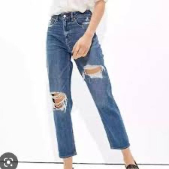 American Eagle Outfitters Denim - American Eagle Distressed Mom Straight Jeans Medium Wash Zip Fly Ripped Denim 2